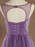 A-Line V-neck Floor Length Tulle Bridesmaid Dress