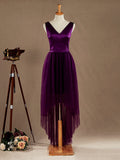 A-line V-neck High-low Hem Satin match Tulle Bridesmaid Dress