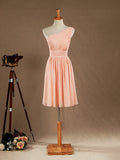 Knee Length A-Line One Shoulder Chiffon Bridesmaid Dress with Ruching Pleats