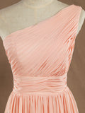 Knee Length A-Line One Shoulder Chiffon Bridesmaid Dress with Ruching Pleats