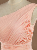 Knee Length A-Line One Shoulder Chiffon Bridesmaid Dress with Ruching Pleats