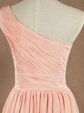Knee Length A-Line One Shoulder Chiffon Bridesmaid Dress with Ruching Pleats