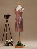 Mini Sequined Bridesmaid Dress Sheath Column V-neck Metallic Sparkle
