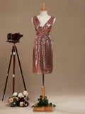 Mini Sequined Bridesmaid Dress Sheath Column V-neck Metallic Sparkle