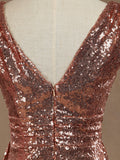 Mini Sequined Bridesmaid Dress Sheath Column V-neck Metallic Sparkle