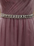 A-Line V-neck Tulle Floor Length Bridesmaid Dress 