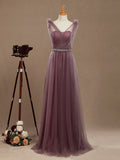 A-Line V-neck Tulle Floor Length Bridesmaid Dress with Ruching Pleats