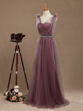 A-Line V-neck Tulle Floor Length Bridesmaid Dress 