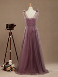 A-Line V-neck Tulle Floor Length Bridesmaid Dress 