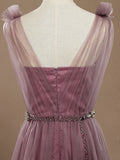 A-Line V-neck Tulle Floor Length Bridesmaid Dress 