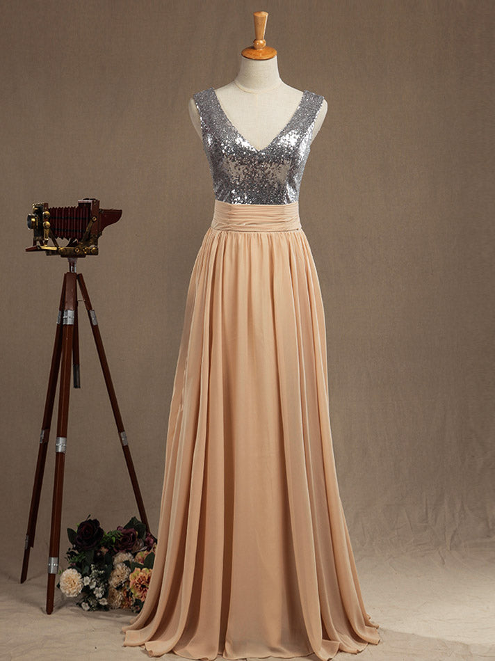 Chiffon Mix Sequin Bridesmaid Dress V-neck A-line Sleeveless dressblee Chiffon Mix Sequin Bridesmaid Dress V-neck A-line Sleeveless dressblee
