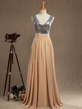 Chiffon Mix Sequin Bridesmaid Dress V-neck A-line Sleeveless