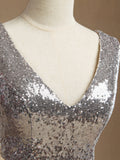 Chiffon Mix Sequin Bridesmaid Dress V-neck A-line Sleeveless