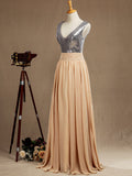 Chiffon Mix Sequin Bridesmaid Dress V-neck A-line Sleeveless