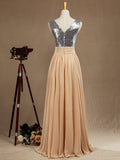 Chiffon Mix Sequin Bridesmaid Dress V-neck A-line Sleeveless