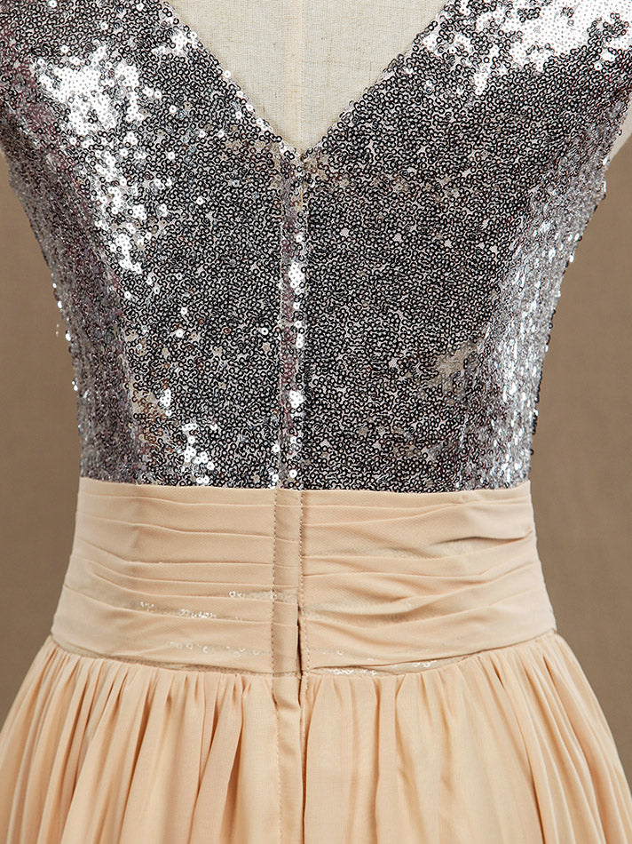 Chiffon Mix Sequin Bridesmaid Dress V-neck A-line Sleeveless dressblee Chiffon Mix Sequin Bridesmaid Dress V-neck A-line Sleeveless dressblee