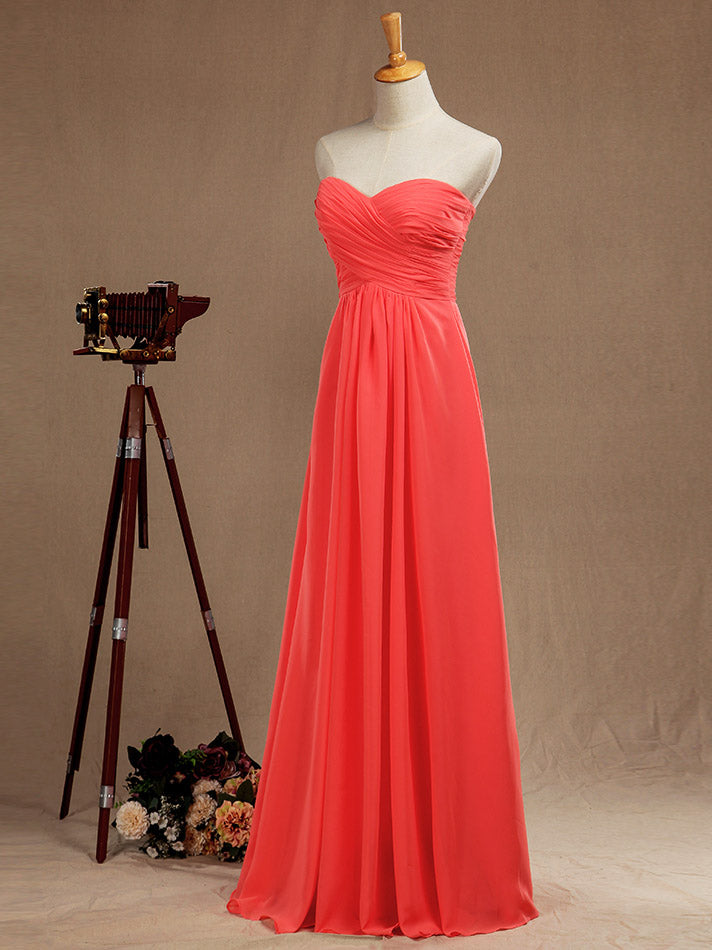 Simple Prom Dress A-Line Floor Length Chiffon Bridesmaid Dress Sweetheart Strapless with Criss Cross Ruching