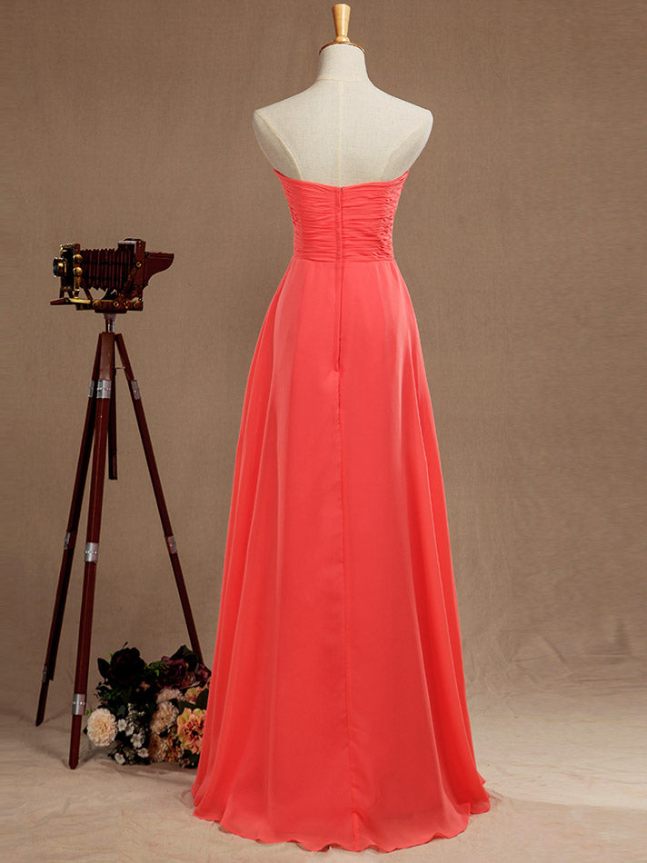Simple Prom Dress A-Line Floor Length Chiffon Bridesmaid Dress Sweetheart Strapless with Criss Cross Ruching