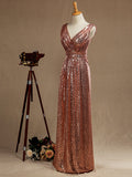 Sheath / Column Rose Gold Sequin Bridesmaid Dress Sheath Column V-neck Evening dress