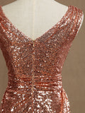 Sheath / Column Rose Gold Sequin Bridesmaid Dress Sheath Column V-neck Evening dress