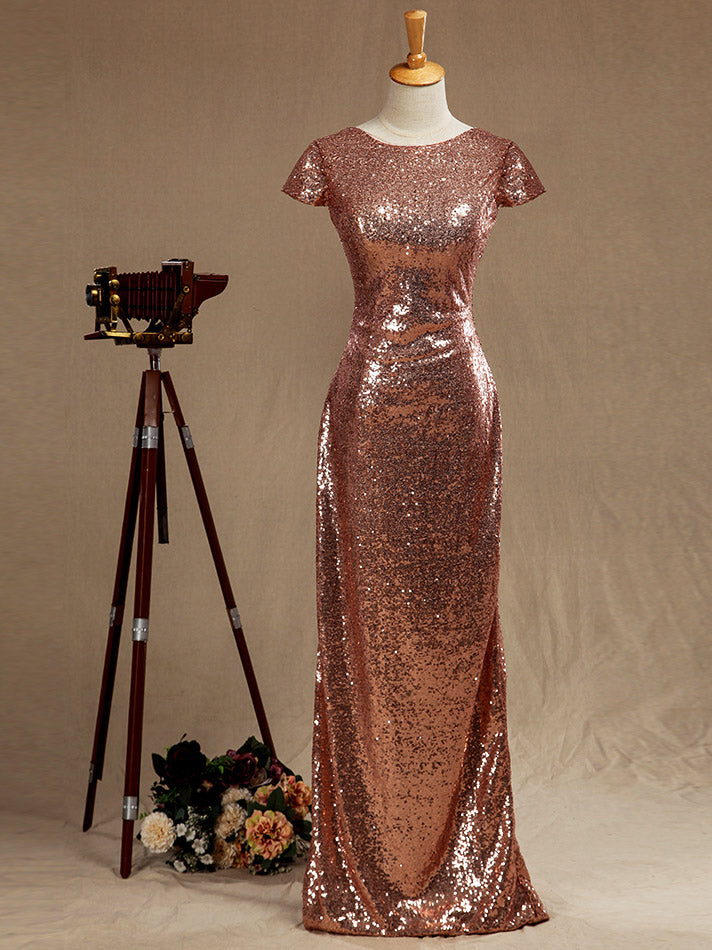 Rose Gold Sequin Bridesmaid dress Cowl Back Cap Sleeves Scoop neck dressblee Rose Gold Sequin Bridesmaid dress Cowl Back Cap Sleeves Scoop neck dressblee