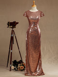 Rose Gold Sequin Bridesmaid dress Cowl Back Cap Sleeves Scoop neck