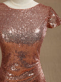 Rose Gold Sequin Bridesmaid dress Cowl Back Cap Sleeves Scoop neck