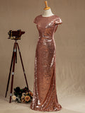 Rose Gold Sequin Bridesmaid dress Cowl Back Cap Sleeves Scoop neck