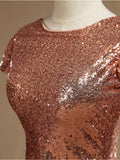 Rose Gold Sequin Bridesmaid dress Cowl Back Cap Sleeves Scoop neck