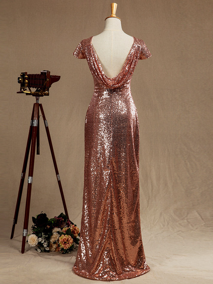 Rose Gold Sequin Bridesmaid dress Cowl Back Cap Sleeves Scoop neck – dressblee Rose Gold Sequin Bridesmaid dress Cowl Back Cap Sleeves Scoop neck – dressblee