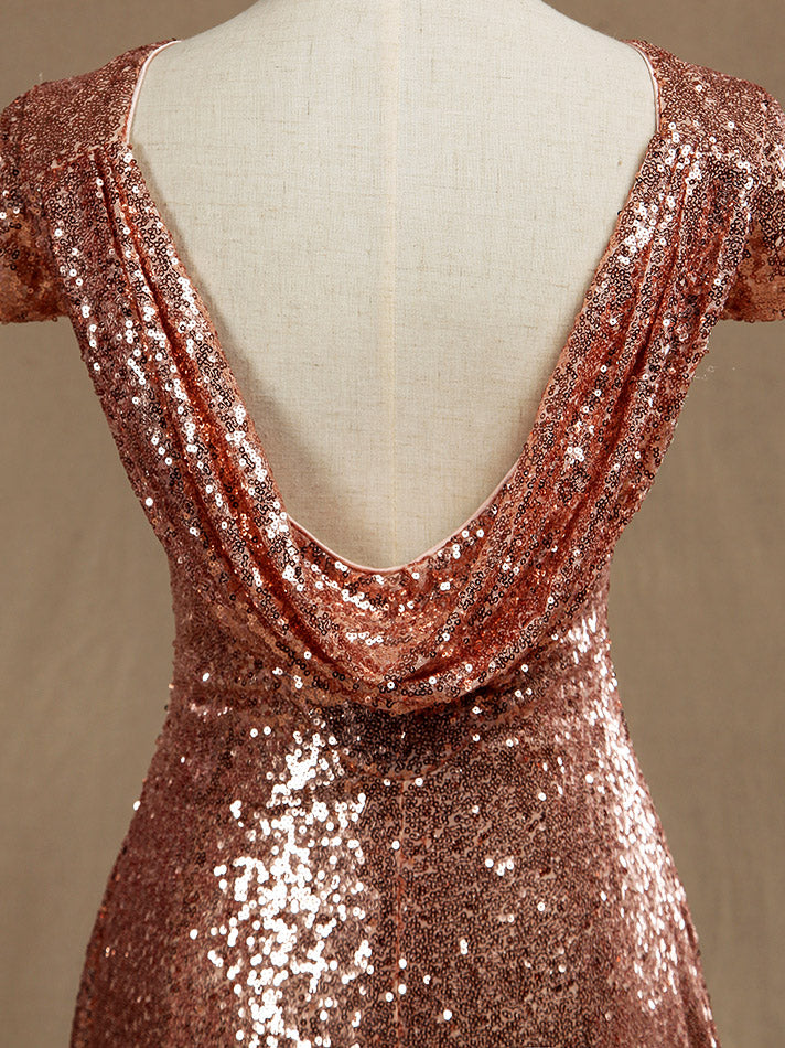 Rose Gold Sequin Bridesmaid dress Cowl Back Cap Sleeves Scoop neck dressblee Rose Gold Sequin Bridesmaid dress Cowl Back Cap Sleeves Scoop neck dressblee