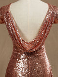 Rose Gold Sequin Bridesmaid dress Cowl Back Cap Sleeves Scoop neck