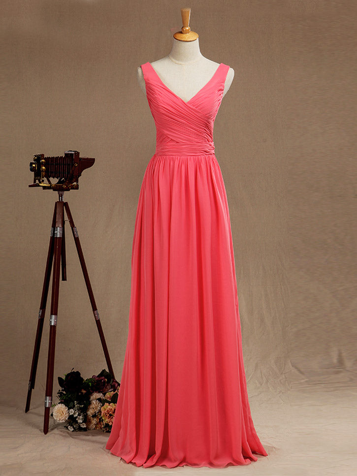 A-Line V-neck Floor Length Chiffon Bridesmaid Dress