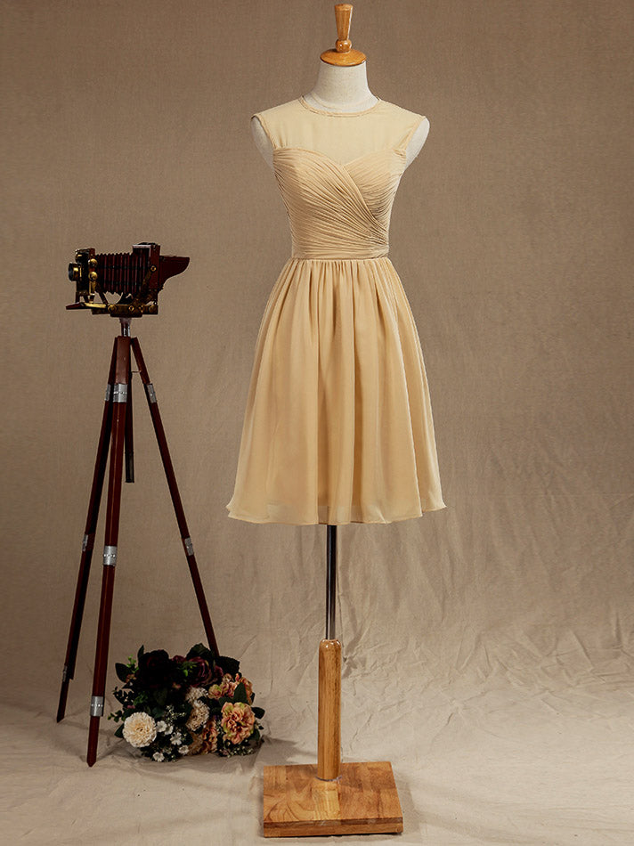 A-Line Jewel Neck Knee Length Chiffon Bridesmaid Dress with Criss Cross Ruching Pleats