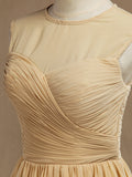 A-Line Jewel Neck Knee Length Chiffon Bridesmaid Dress with Criss Cross Ruching Pleats