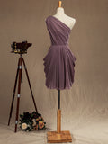 Mini Chiffon Bridesmaid Dress Dusty Purple One Shoulder A-line Asymmetrical Pleats