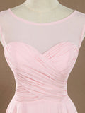 A-Line Jewel Neck Knee Length Chiffon Bridesmaid Dress with Irregular Hem Criss Cross Ruching