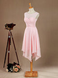 A-Line Jewel Neck Knee Length Chiffon Bridesmaid Dress with Irregular Hem Criss Cross Ruching