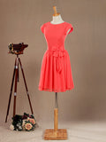 A-Line Jewel Neck Knee Length Chiffon Bridesmaid Dress with Cap Sleeves Buttons