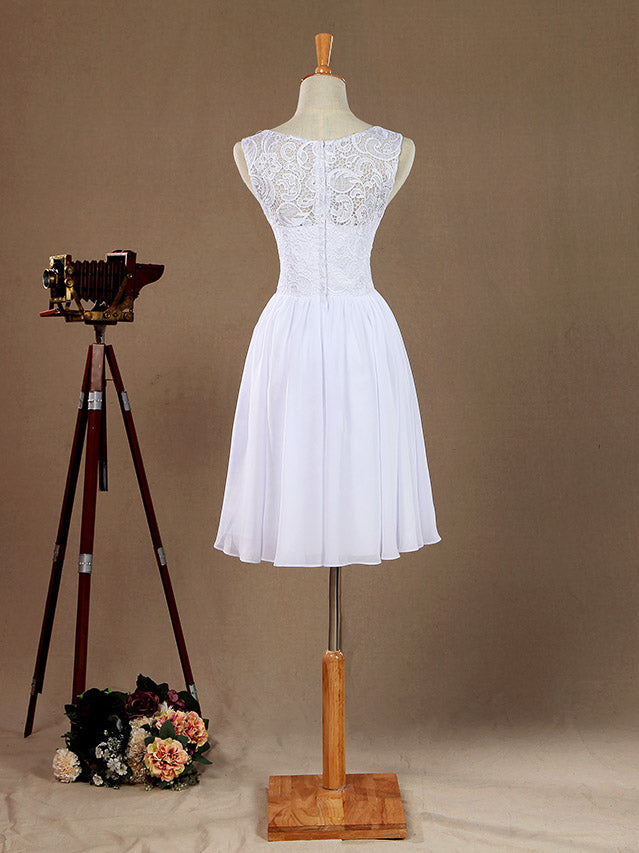 A-Line Jewel Neck Knee Length Chiffon match Lace Bridesmaid Dress