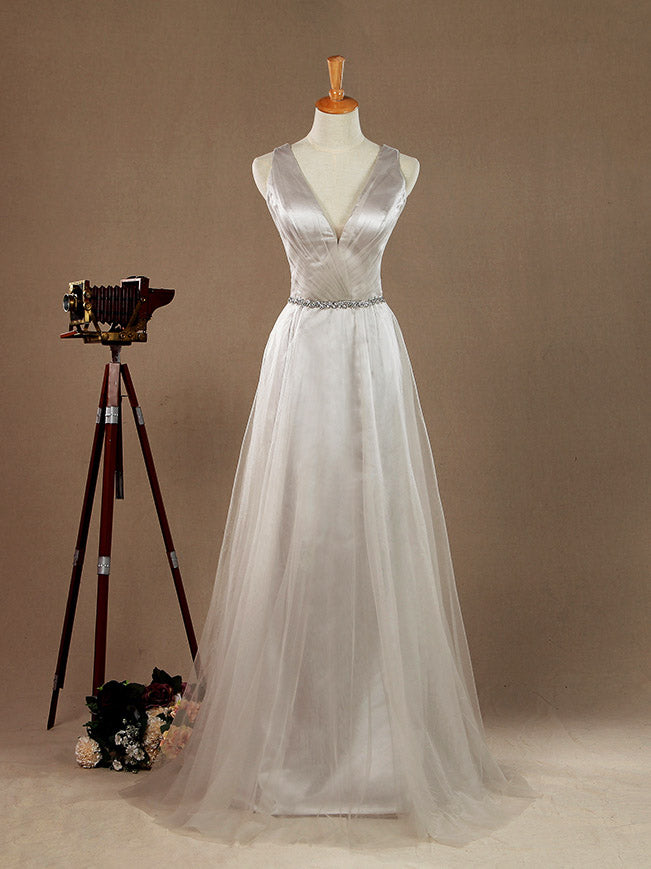 A-Line V-neck Floor Length Tulle Bridesmaid Dress