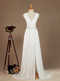 A-Line V-neck Floor Length Chiffon match Lace Wedding Dress