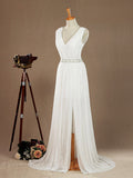 A-Line V-neck Floor Length Chiffon match Lace Wedding Dress