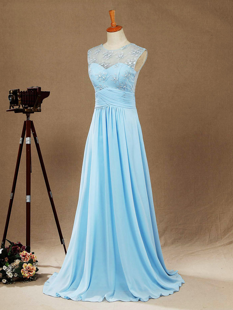 A-line Scoop Neck Floor Length Chiffon Mix Lace Bridesmaid Dress dressblee A-line Scoop Neck Floor Length Chiffon Mix Lace Bridesmaid Dress dressblee