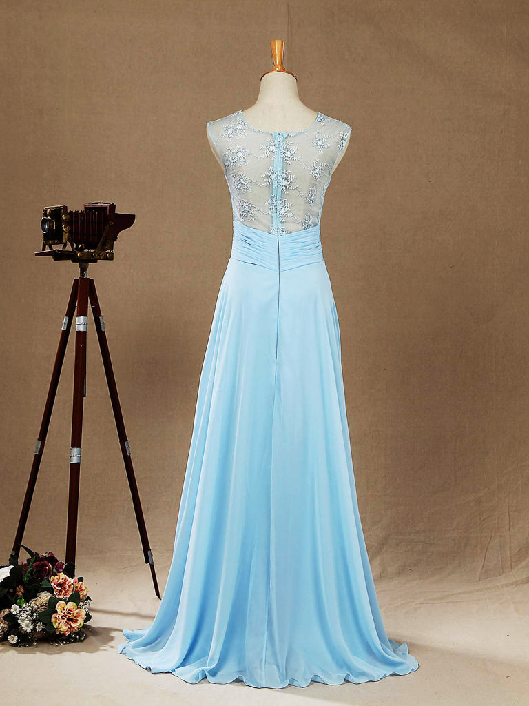 A-line Scoop Neck Floor Length Chiffon Mix Lace Bridesmaid Dress