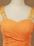 Chiffon Bridesmaid Dress A-line Floor Length with Beads Straps Criss Cross Ruching
