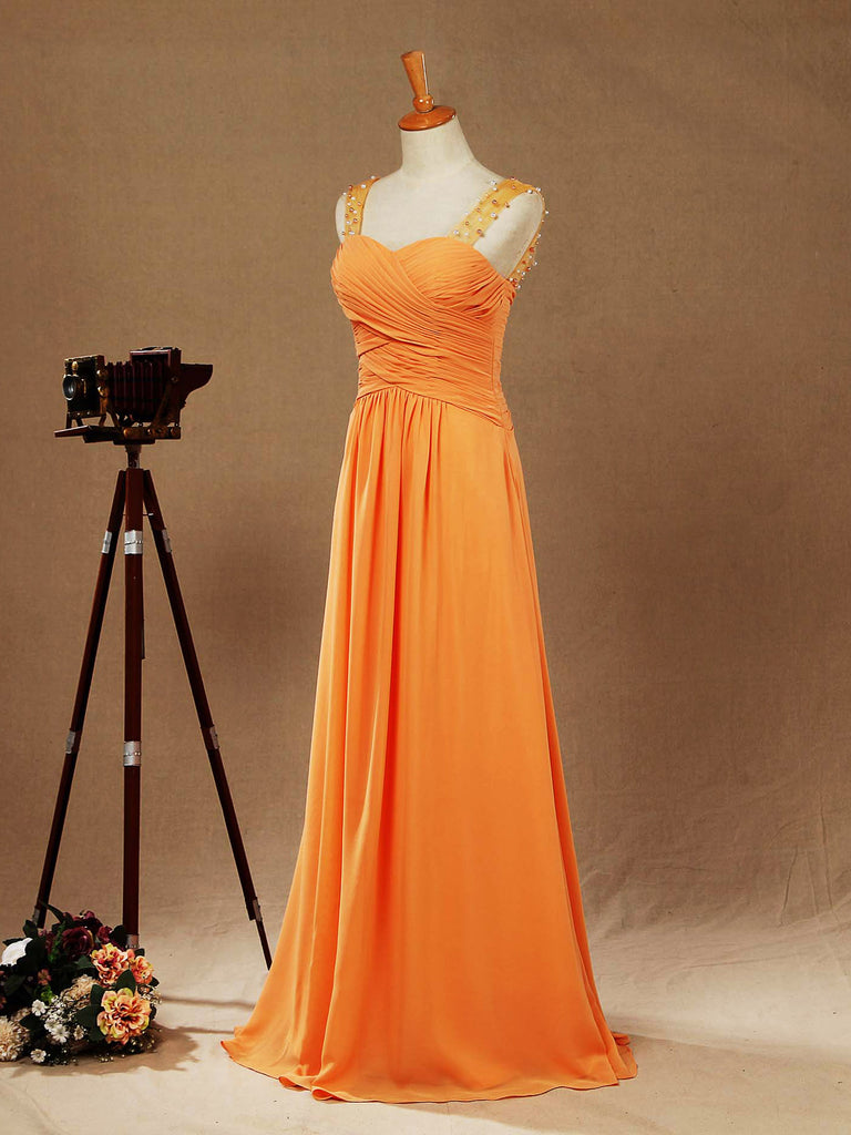 Chiffon Bridesmaid Dress A-line Floor Length with Beads Straps Criss Cross Ruching