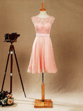 A-Line Jewel Neck Knee Length Chiffon Bridesmaid Dress with Lace