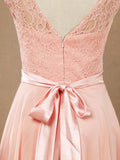 A-Line Jewel Neck Knee Length Chiffon Bridesmaid Dress with Lace