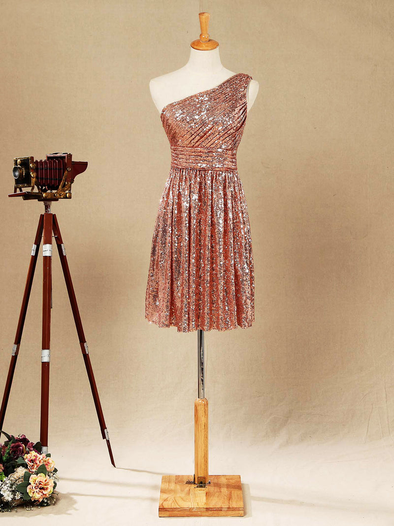 One shoulder Knee length Sequined A-line Bridesmaid dress